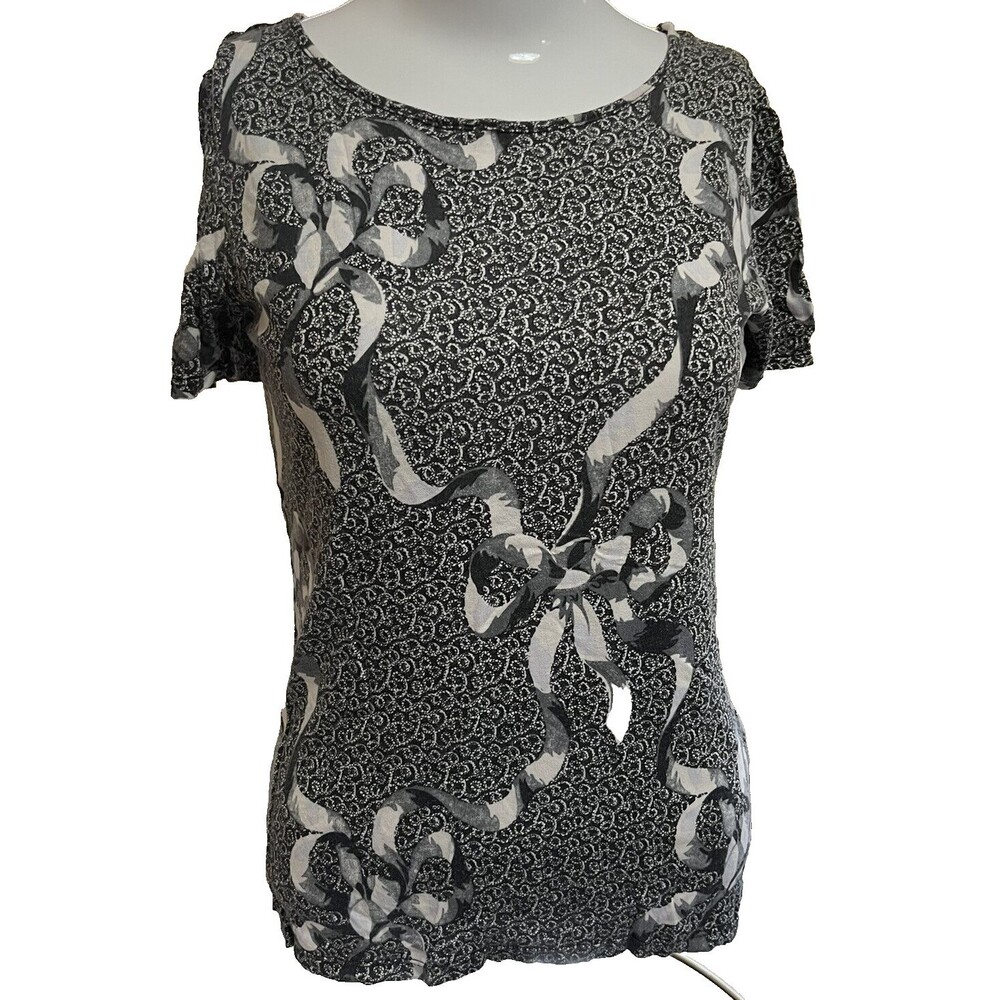 Philosophy Top Short Sleeve T Shirt Black White Ribbon Print Stretch Small Work